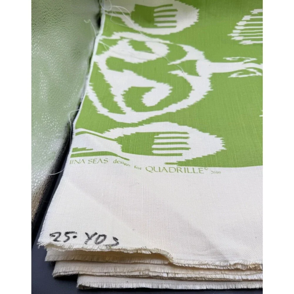 Quadrille Linen Fabric Nomad Green Hand Printed Large Ikat Print